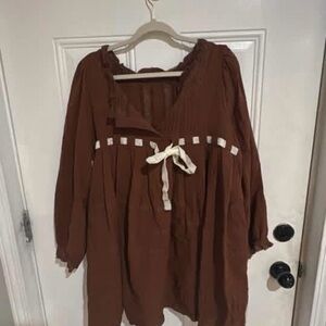 Brown Boho Peasant Tunic with Contrast Ribbon